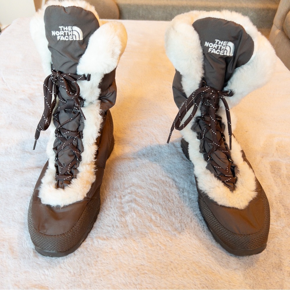 The North Face Women’s Nuptse Down Faux Fur Puffer Boots Brown Cream Size 11